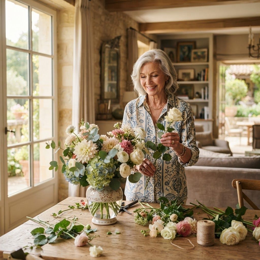 A resident smiles while arranging flowers in a bright Aspen Alcove living space.