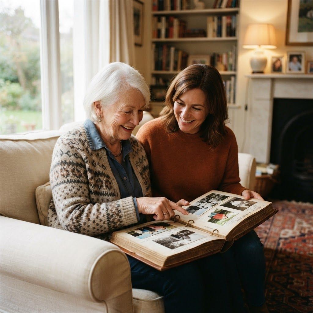 A resident and family member share memories while looking through a photo album together.