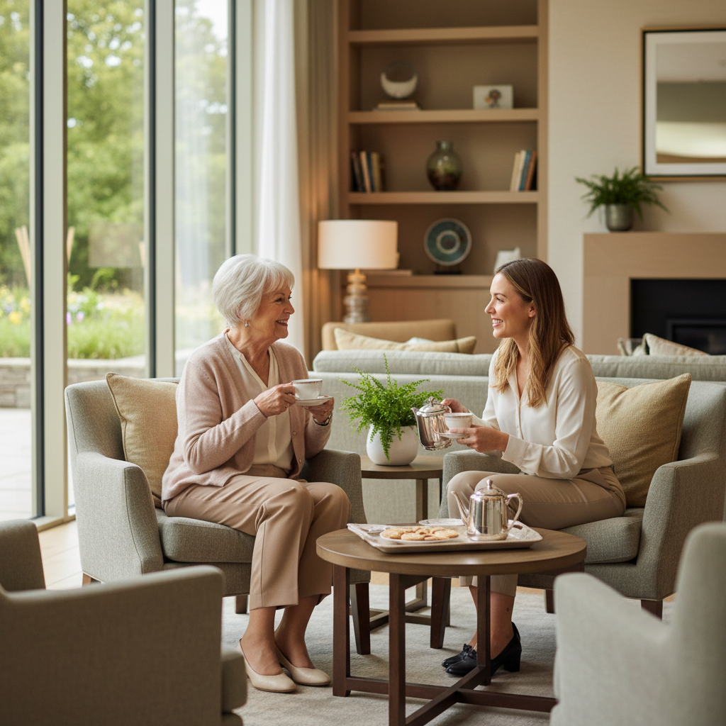 A resident and visitor share tea and conversation in a bright community lounge.