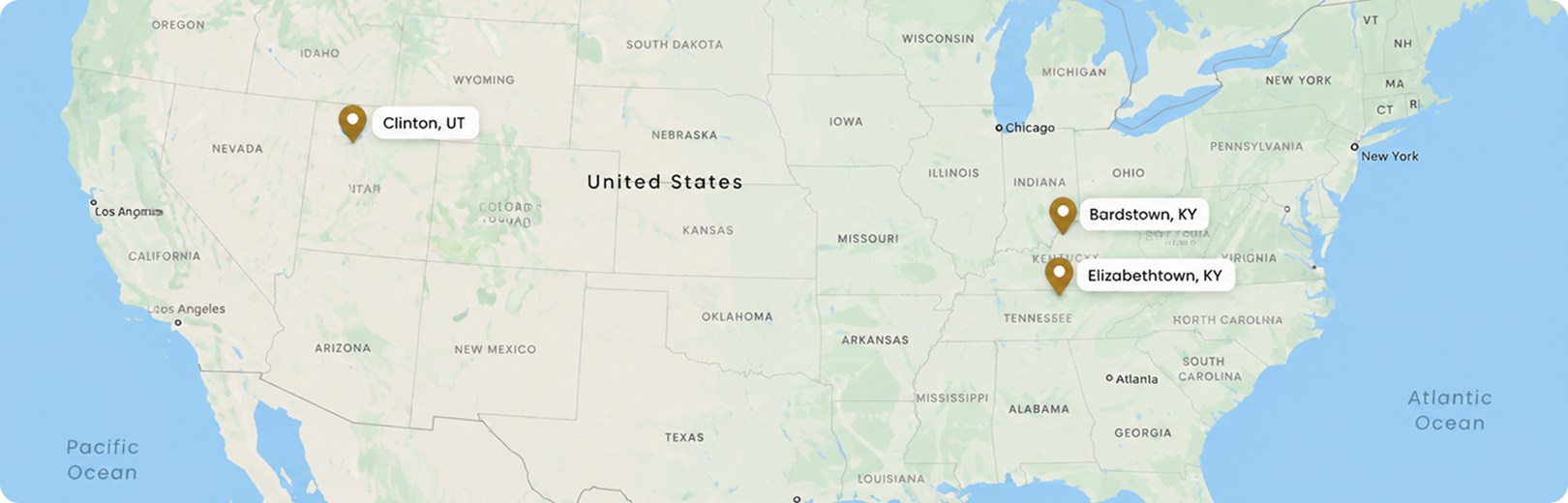 Map of the United States showing Aspen Alcove communities in Clinton, Utah and Bardstown and Elizabethtown, Kentucky.
