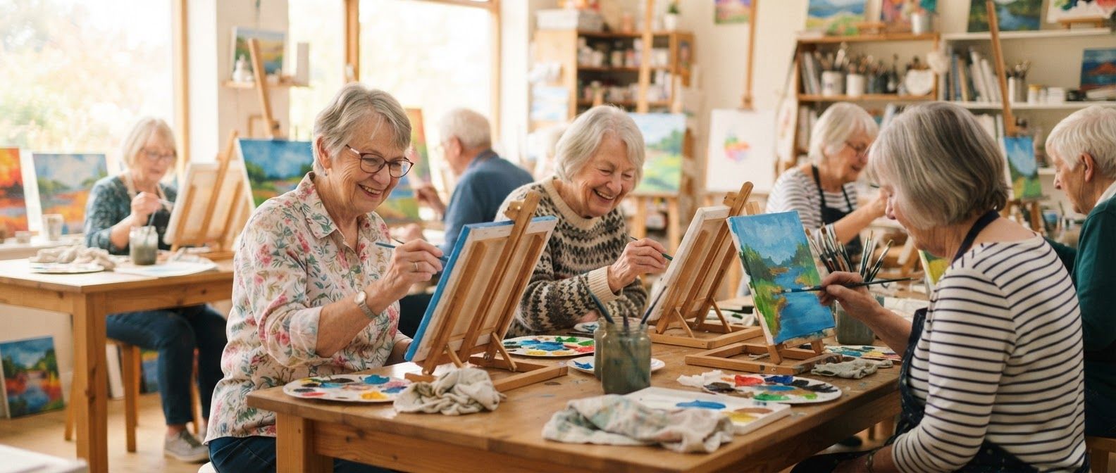 Residents paint together during an art class.