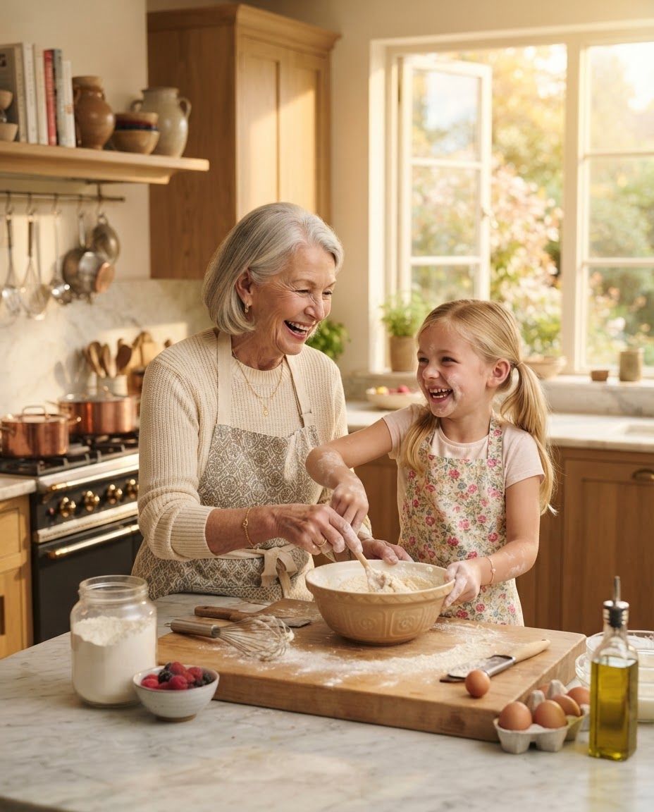 A grandmother and granddaughter laugh together while baking in a sunlit kitchen.