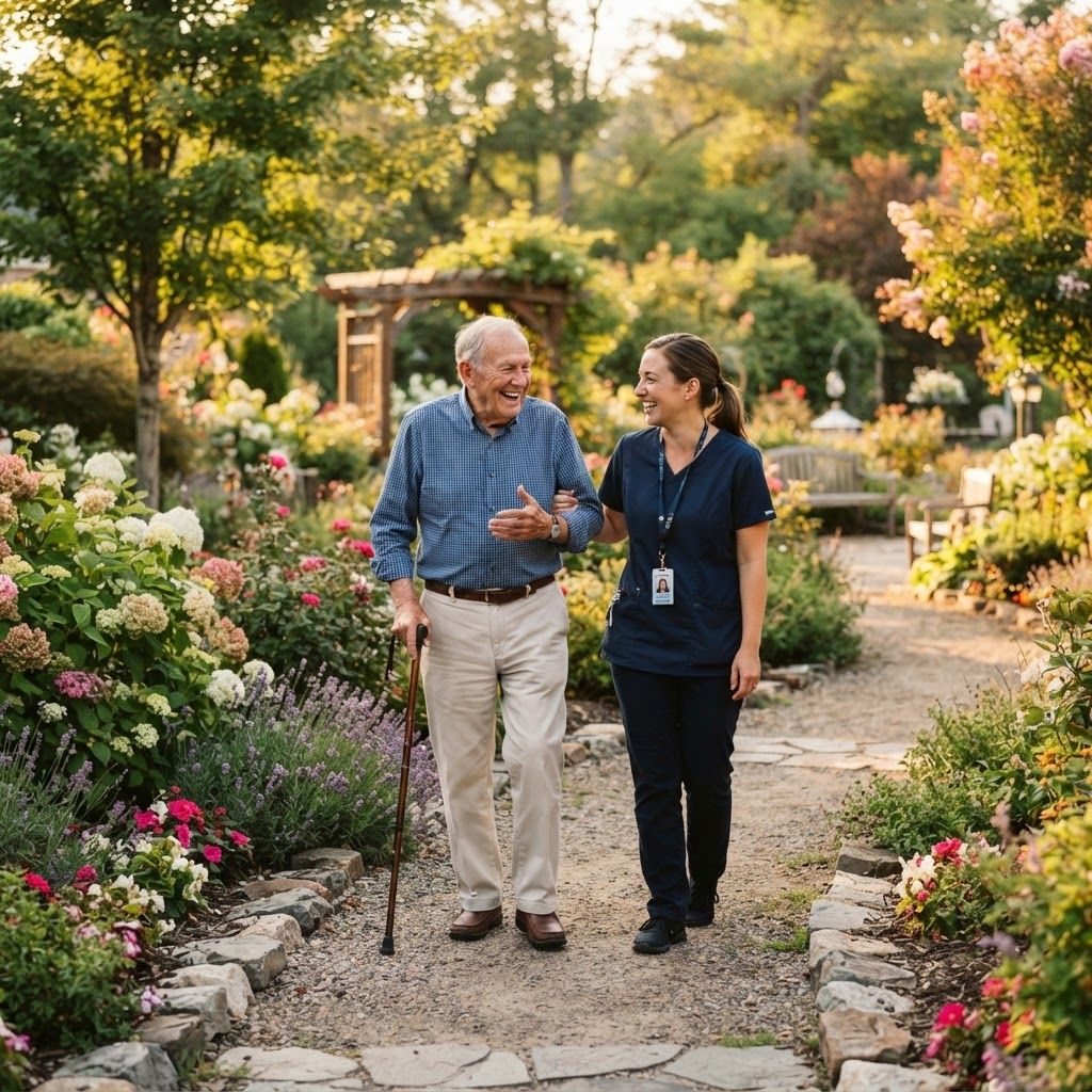 A caregiver and resident share a warm, supportive moment together.