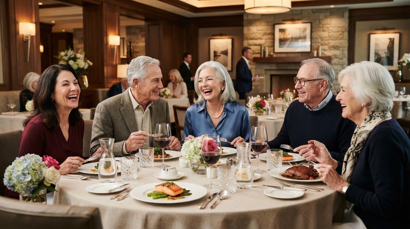 Residents share a warm, lively meal together around a dining table.