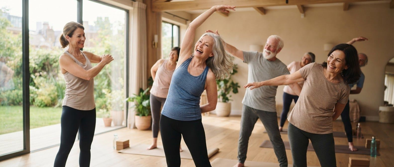 Residents stretch together in a bright wellness class.