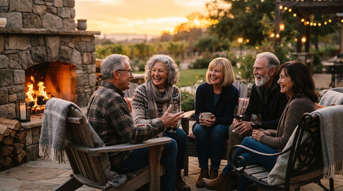 Residents gather outdoors in the evening, talking and celebrating together.