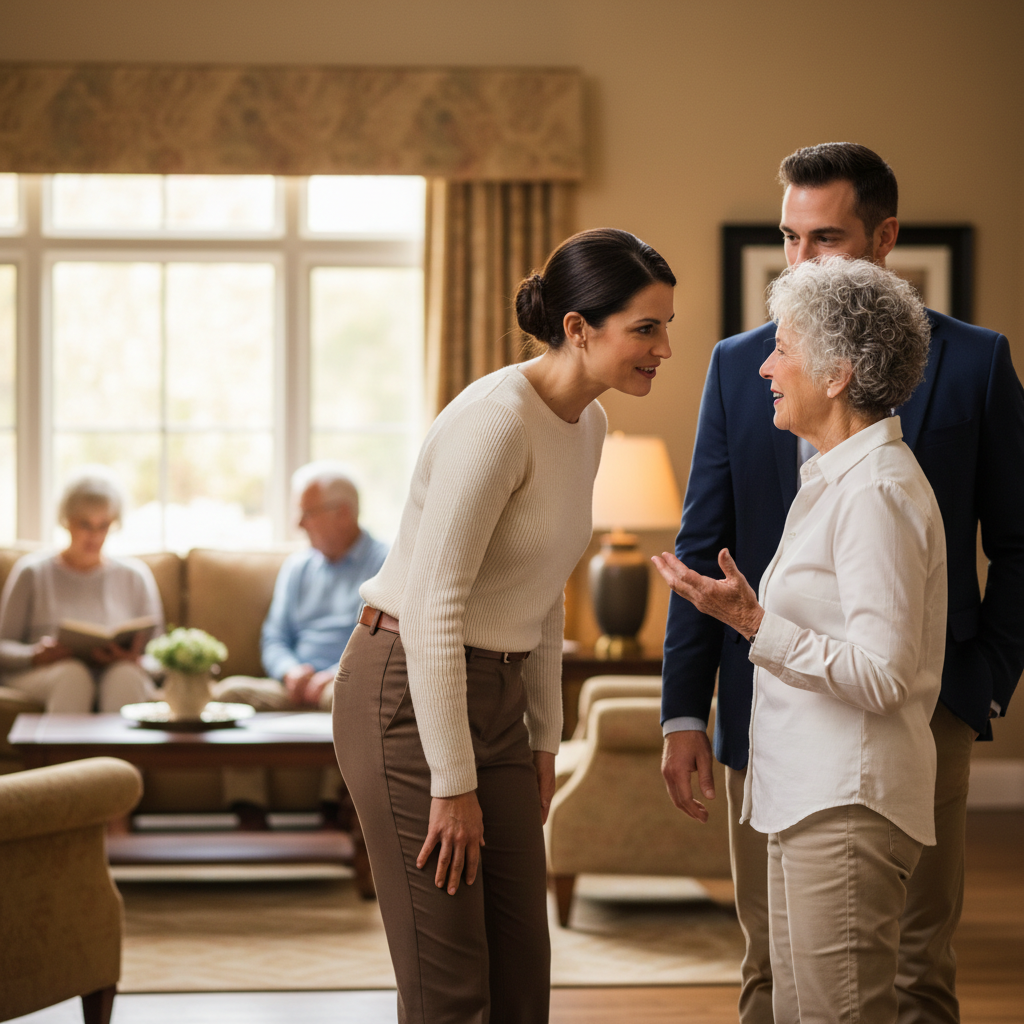 Residents and guests share a warm conversation in a bright Aspen Alcove community lounge.